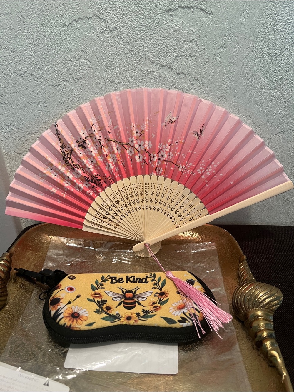 #2224**Pink Cherry Blossom Folding Hand Fan & Be Kind zipper eyes glass pouch - Picture 1 of 15
